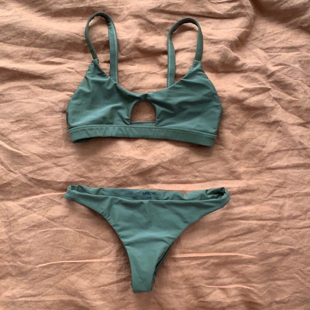 Olive green swimsuit with thong bottom